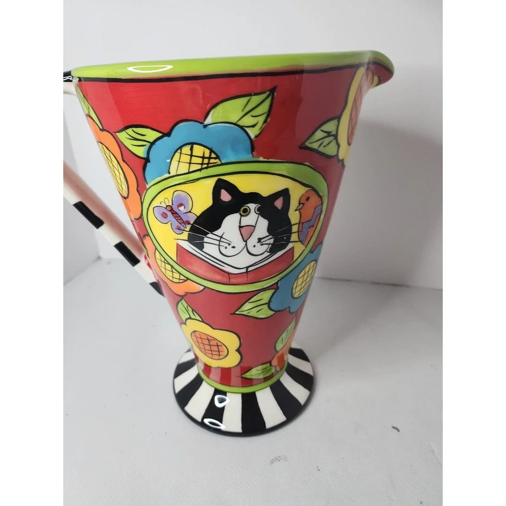Catzilla Candace Reiter Floral Cat Pedestal Pitcher Whimsical Ceramic Colorful